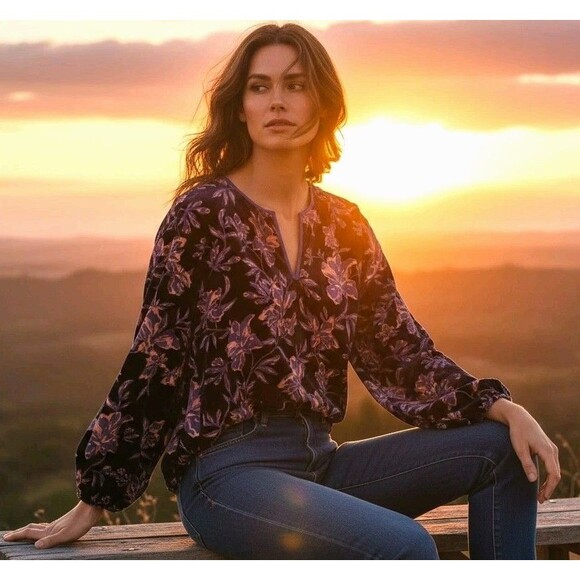 Sundance Tops - Sundance Silk Sheer Purple Floral Velvet Burnout Top S Boho Romantic Southwest